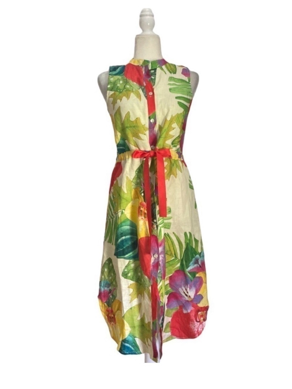 Sleeveless Tropical Floral Midi Dress in Vibrant Multi. 100% linen.